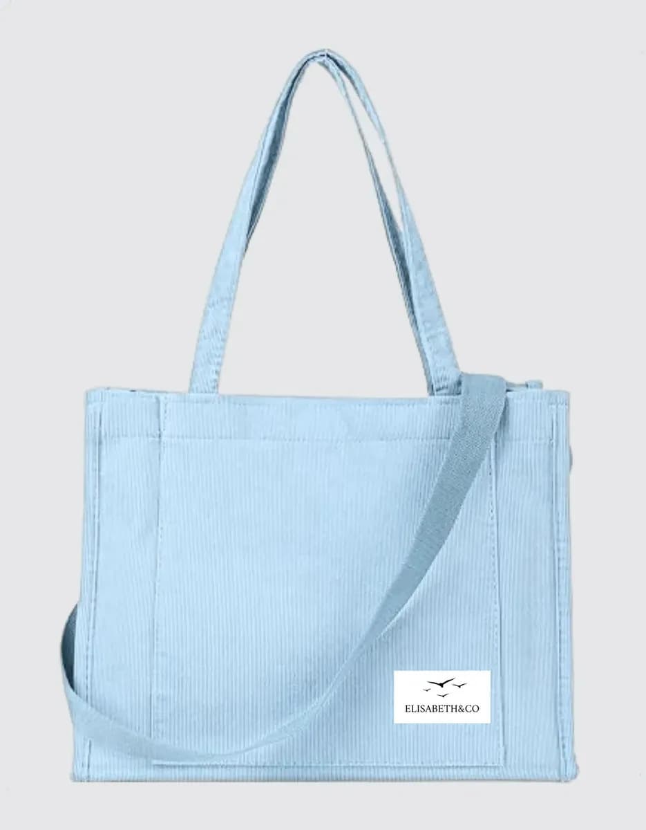 Cartera XL ElisabethCo Bolso Corderoy Reforzado Celeste Correa Ajustable y Extraible Cuadernos A4 Oficio Notebook 15