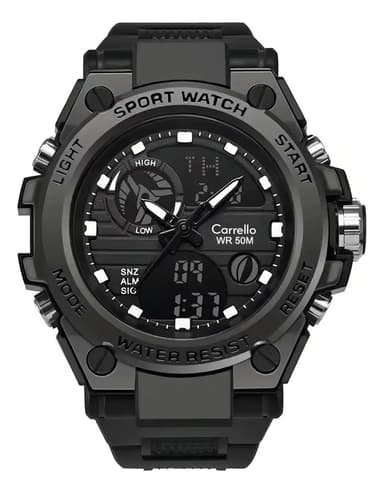 Reloj Deportivo Carrello VT-2104 para Hombre: Diseño Dual Análogo-Digital, Cronógrafo de Precisión, Alarma y Luz LED. Resistente y Robusto, Estilo Táctico Militar. ¡Para Uso Diario y Deporte! - Negro