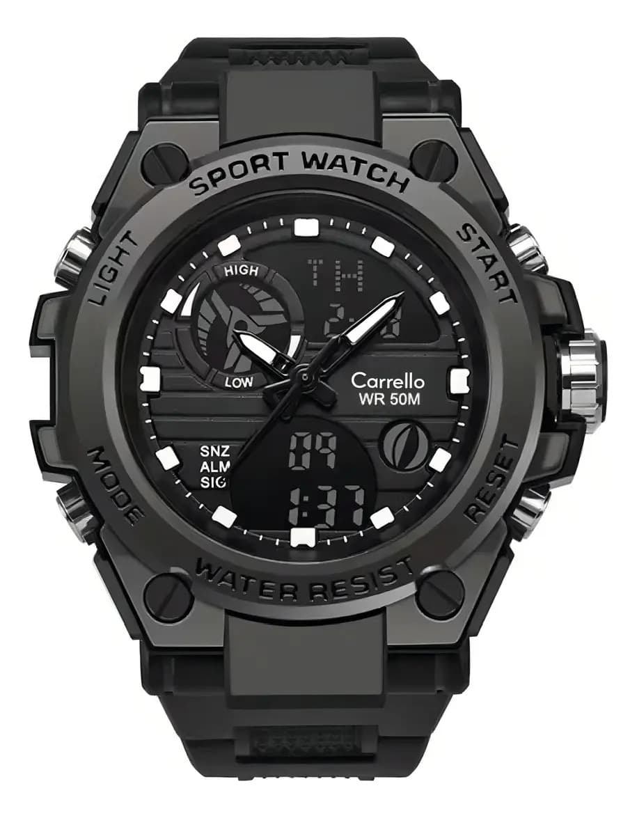 Reloj Deportivo Carrello VT-2104 para Hombre: Diseño Dual Análogo-Digital, Cronógrafo de Precisión, Alarma y Luz LED. Resistente y Robusto, Estilo Táctico Militar. ¡Para Uso Diario y Deporte! - Negro