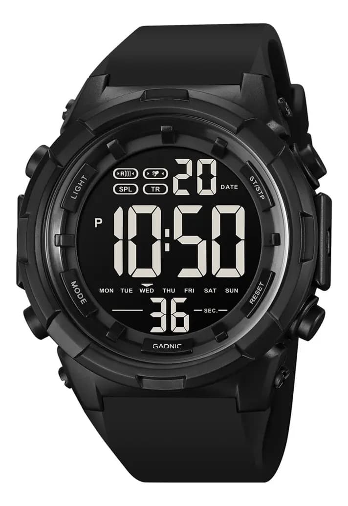 Reloj Digital Gadnic RLM27 Sumergible 50m Con Alarma Cronometro Y Doble Horario Deportivo Negro