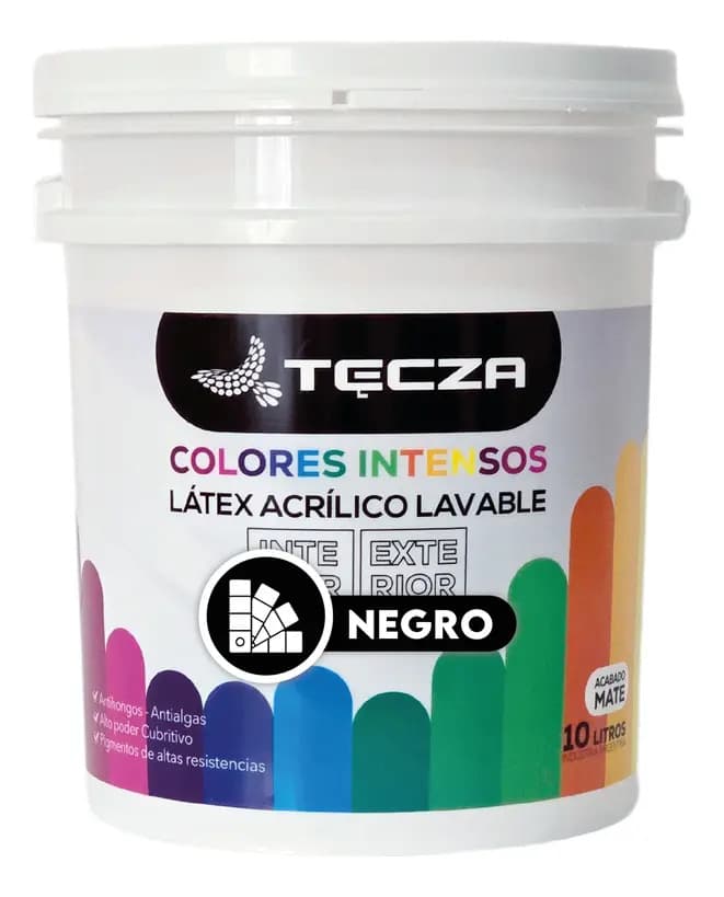 Pintura Latex Negro Tecza, Lavable X 10 Litros, Linea Colores Intensos Preparados Apto Interior Y Exterior, Acabado Mate.