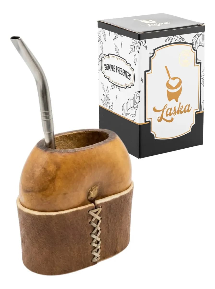 Mate Galleta Calabaza Base Cuero Crudo + Bombilla Pico Loro Marrón Galleta