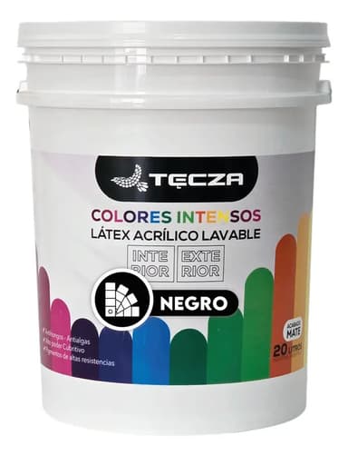 Pintura Latex Negro Tecza, Lavable X 20 Litros, Linea Colores Intensos Preparados Apto Interior Y Exterior, Acabado Mate.