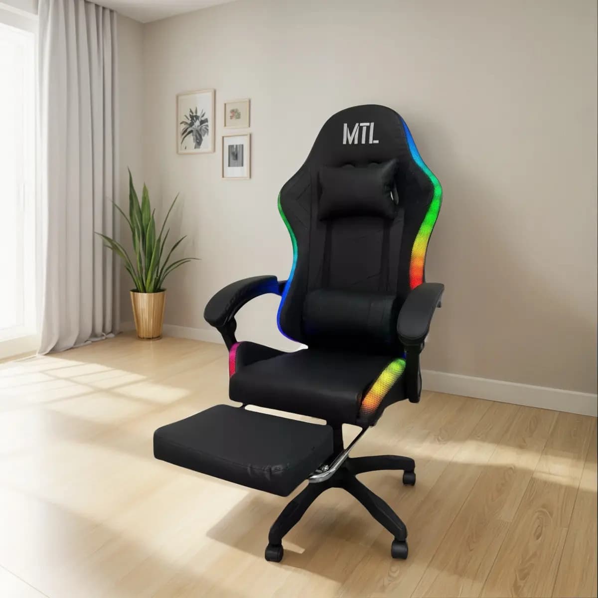 Silla Gamer Mtl Ergonomica Masajeadora Negra Con Luces Led Color Negro Material del tapizado Cuero sintético