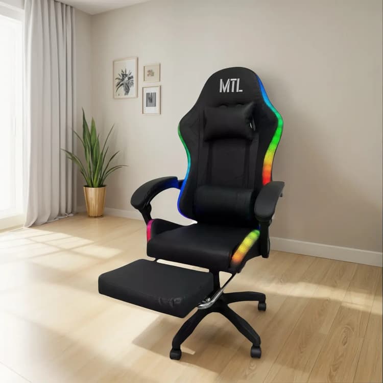 Silla Gamer MTL Ergonómica Masajeadora con Luces LED — Cuero Sintético Negro