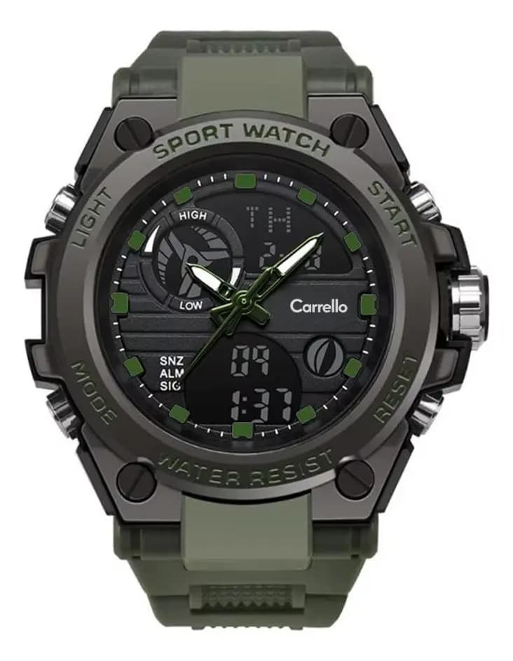 Reloj Deportivo Carrello VT-2104 para Hombre: Diseño Dual Análogo-Digital, Cronógrafo de Precisión, Alarma y Luz LED. Resistente y Robusto, Estilo Táctico Militar. ¡Uso Diario y Deporte! - Verde/Negro