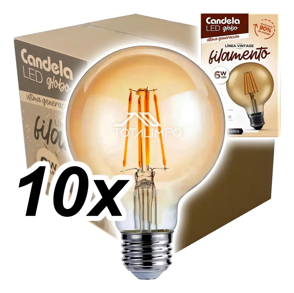 Foco led Candela filamento color ámbar 6W 3000K 660lm por 10 unidades