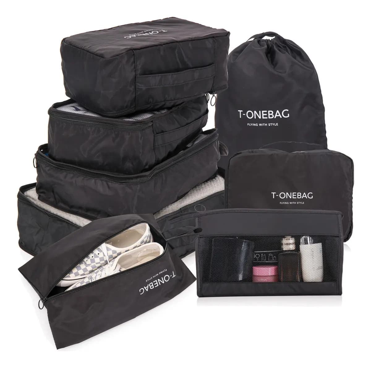 Organizadores De Viaje Set Kit 8 Para Valija Ropa Accesorios Color Negro