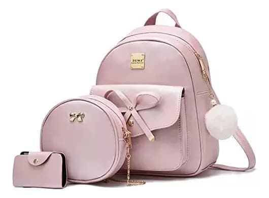 Mochila Mujer Set X3 Cartera Redonda Tarjetero Monedero Ecocuero Levys Bazar Color Rosa