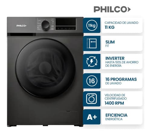 Lavarropas Inverter Philco Carga Frontal 11 Kg 1400 Rpm Gris