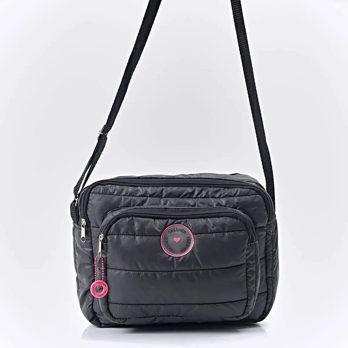 Bandolera Tresher Inflada Puffer Acabado de los herrajes Níquel Color Negro Correa de hombro Negro Diseño de la tela Lisa