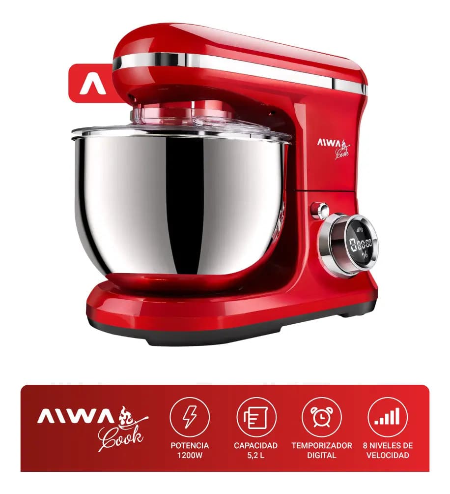 Batidora De Pie Planetaria Digital 3 En 1 Aiwa 5,2 Lts 1200w Color Rojo Frecuencia 50 Hz/60 Hz