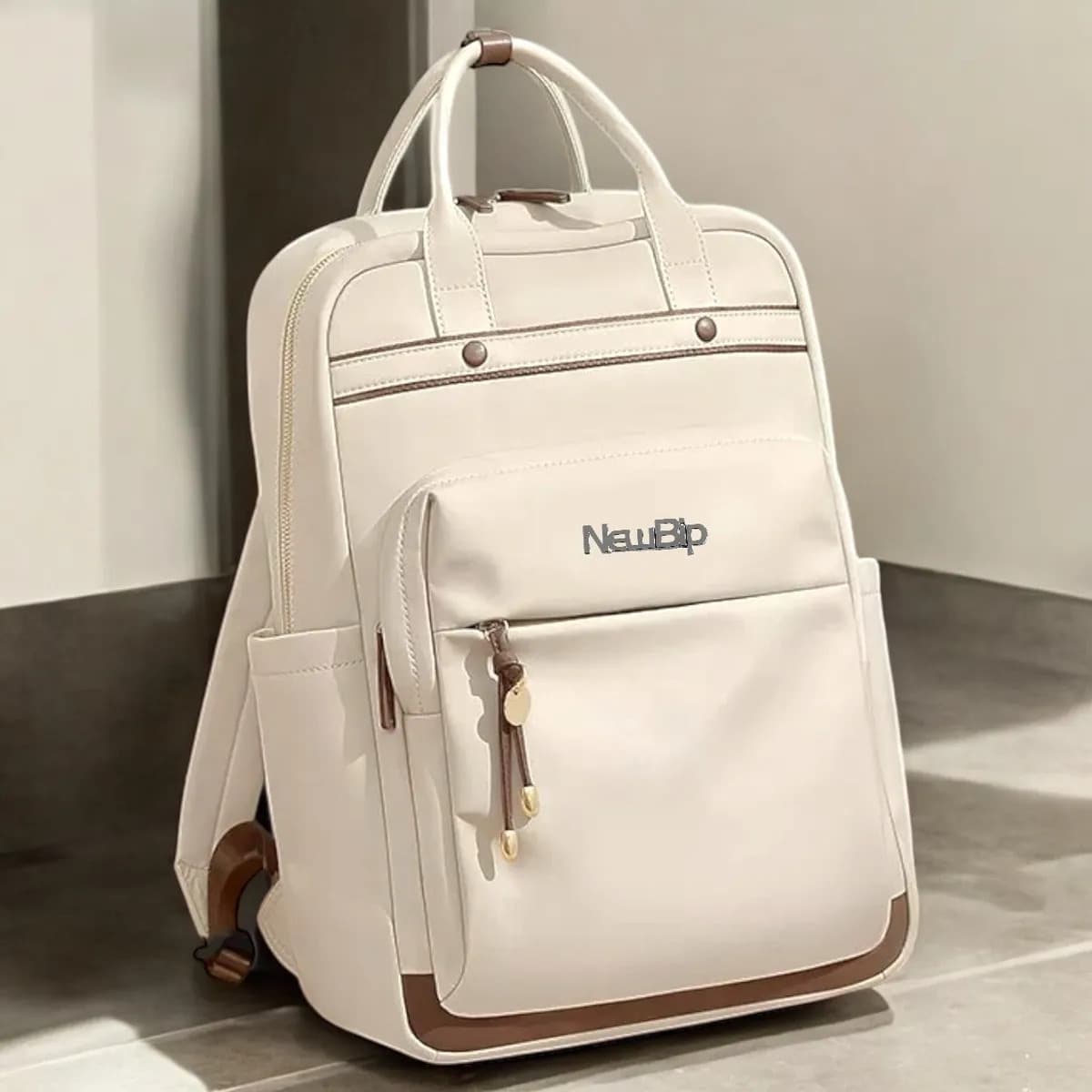 Mochila Bolso New Bip Tela Oxford Impermeable Urbana Unisex Color Beige Diseño De La Tela Liso