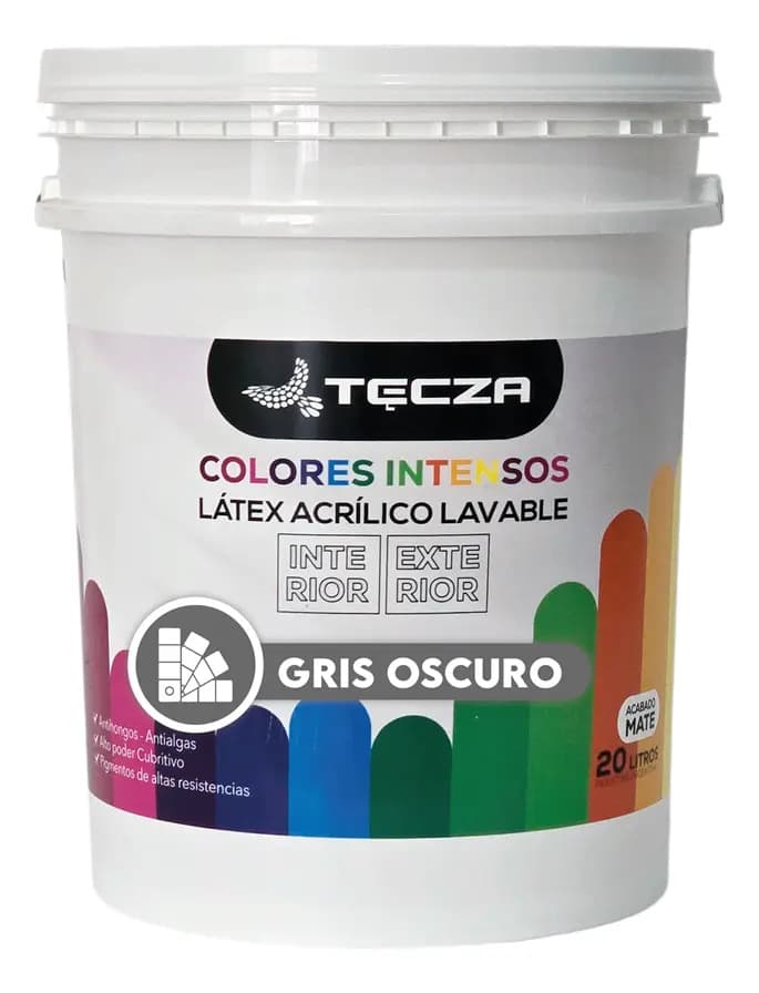 Pintura Latex Gris Oscuro Tecza, Lavable X 20 Litros, Linea Colores Intensos Preparados Apto Interior Y Exterior, Acabado Mate.