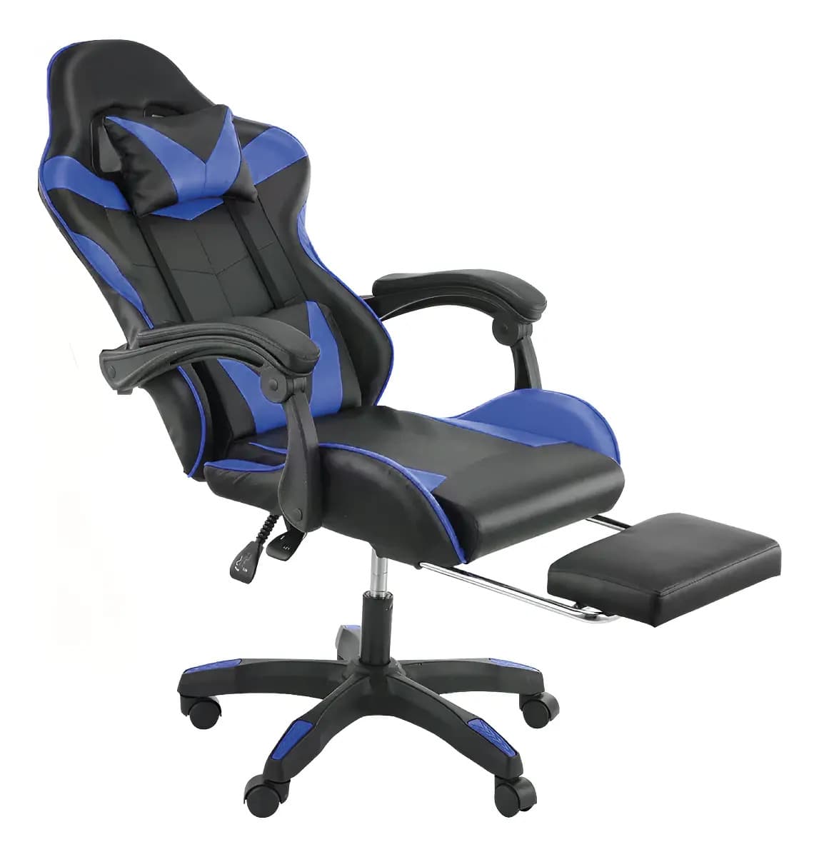 Silla Gamer Ergonomica Reclinable Con Apoya Pies Base Giratoria De Cuero Sintetico Color Azul Cl