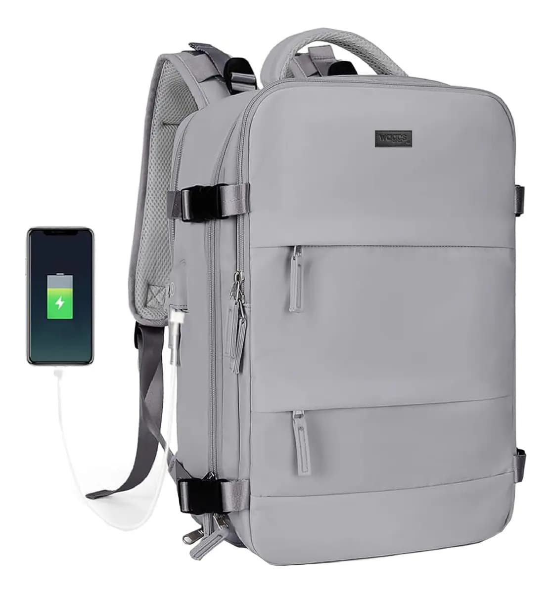 Mochila Viaje Carry On Avion Porta Notebook Waggs Color Gris Diseño De La Tela Liso