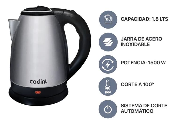 Pava Eléctrica Codini P18han Acero Inoxidable 1.8lts Gris