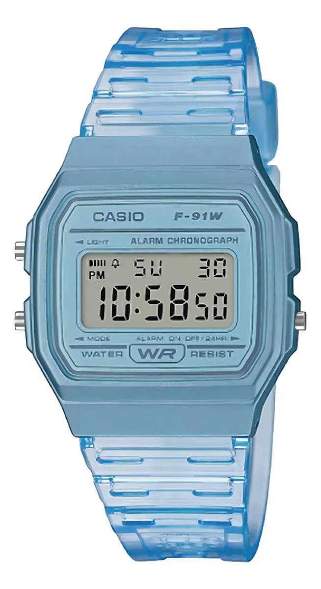 Reloj Casio Unisex F-91ws-2df color Azul water resist correa de resina transparente