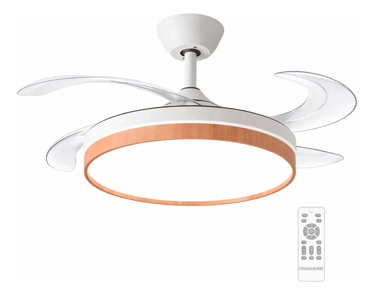 Ventilador De Techo Novohome C/luz Led Y Aspas Retractiles Estructura Madera Diámetro 42 Cm