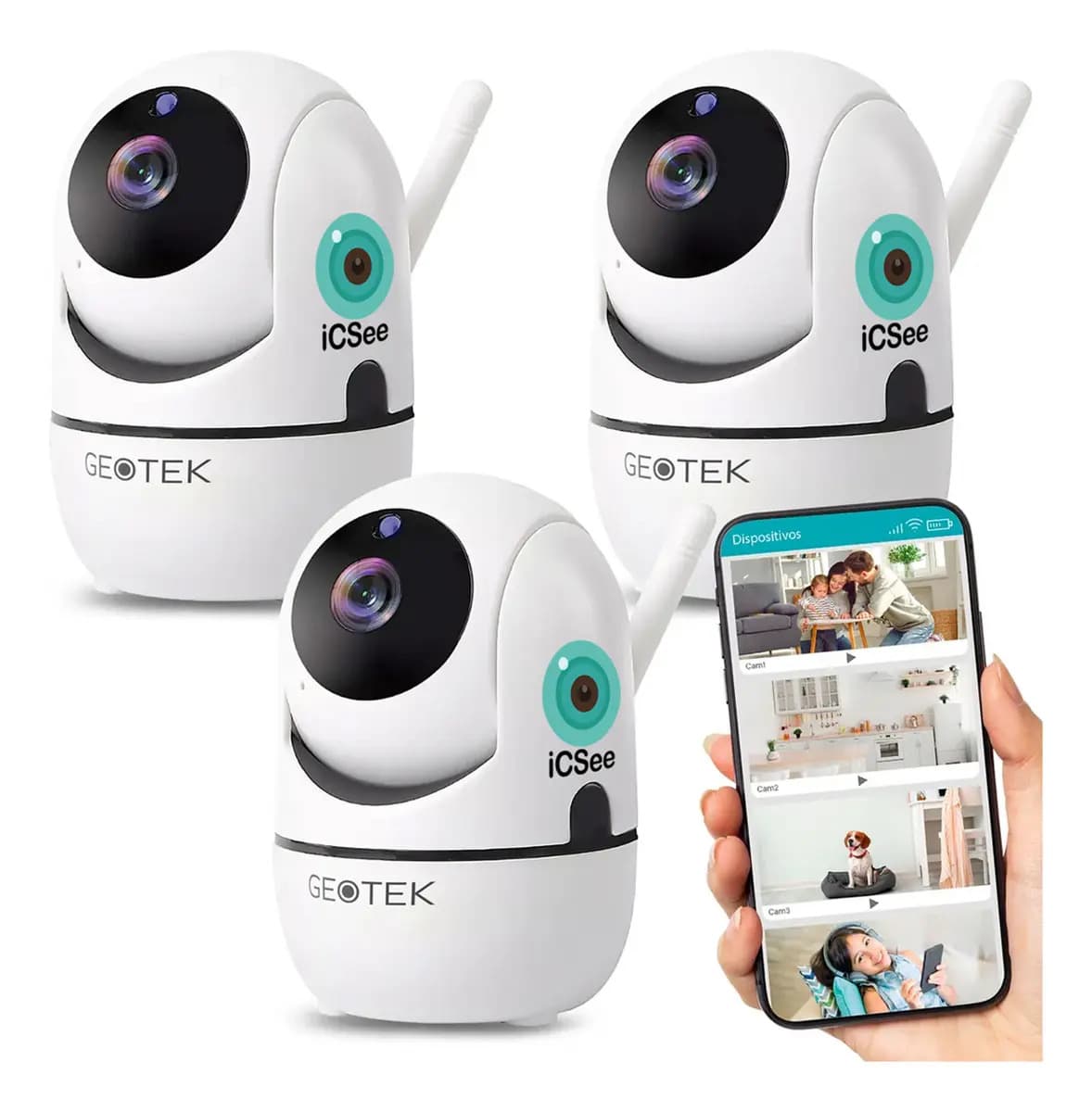 Kit 3 Camaras Seguridad GEOTEK Ip 1080p Wifi Vision Nocturna Deteccion de Movimientos Motorizada