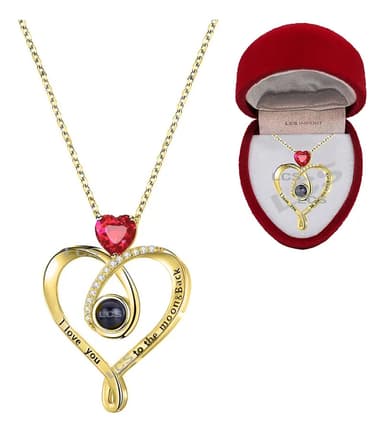 Collar Te Amo 100 Idiomas Moon Baño Oro 18k + Estuche Pana Dorado Rojo
