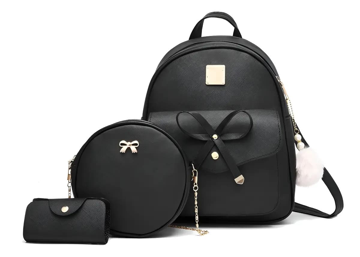 Mochila Para Mujer Set X3 Con Cartera Redonda Tarjetero De Ecocuero Conjunto Completo Moderno Elegante Resistente Cómodo Ideal Para Uso Diario Trabajo Paseo Regalo Negro Levys Bazar