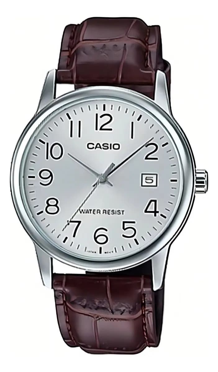 Reloj pulsera Casio MTP-V002D-1B con correa de cuero color marrón - fondo plateado