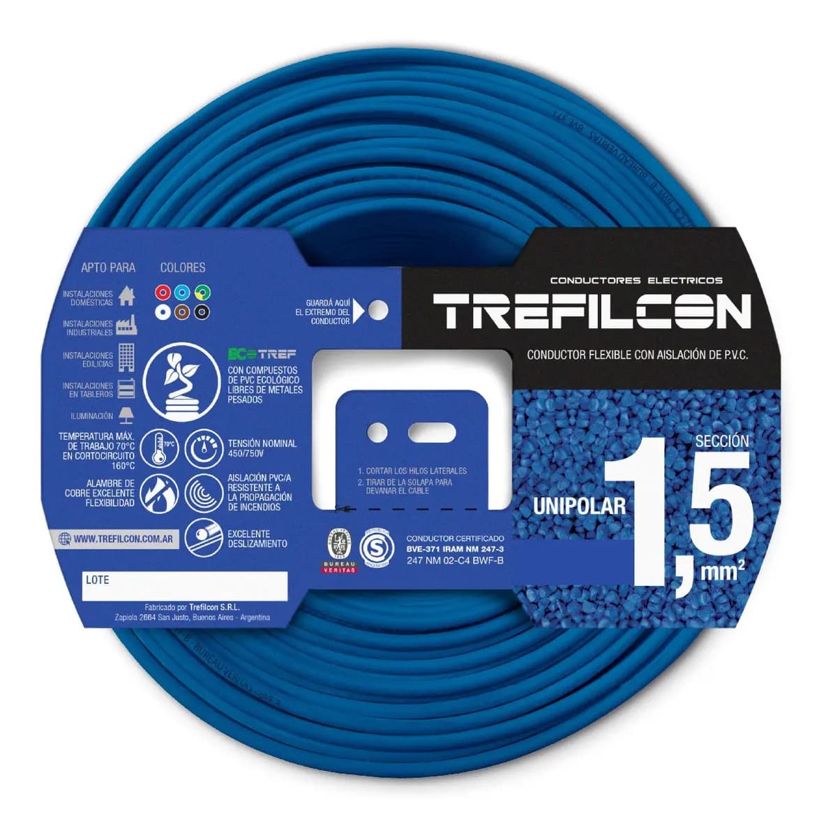 Cable Unipolar Trefilcon 1.5mm² Cobre Flexible Rollo 25m Celeste 450/750V