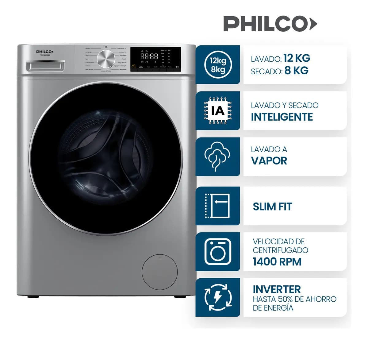 Lavasecarropas Philco Carga Frontal 12/8 Kg Inverter Color Gris Silver