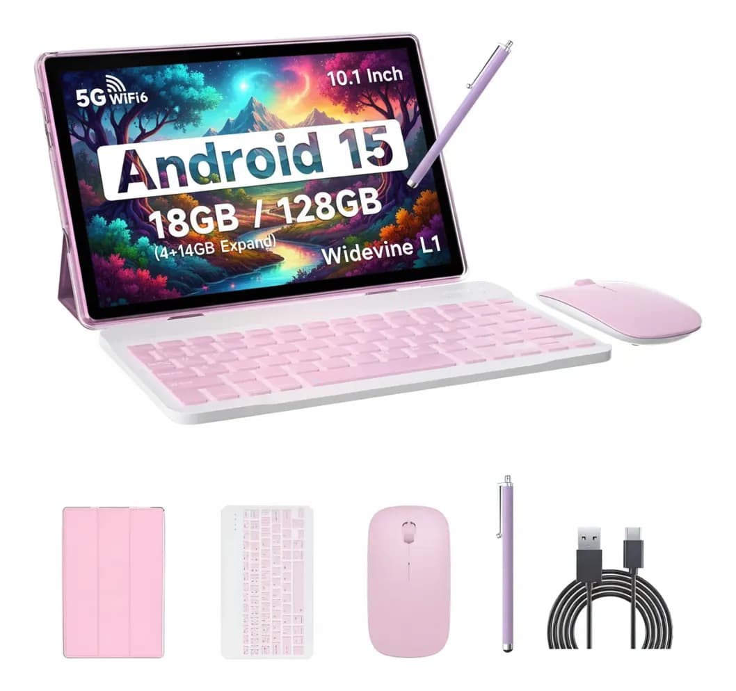 Android 15 Tablet Con Teclado 10p 18gb Ram + 128gb Rom 2025 Rosa