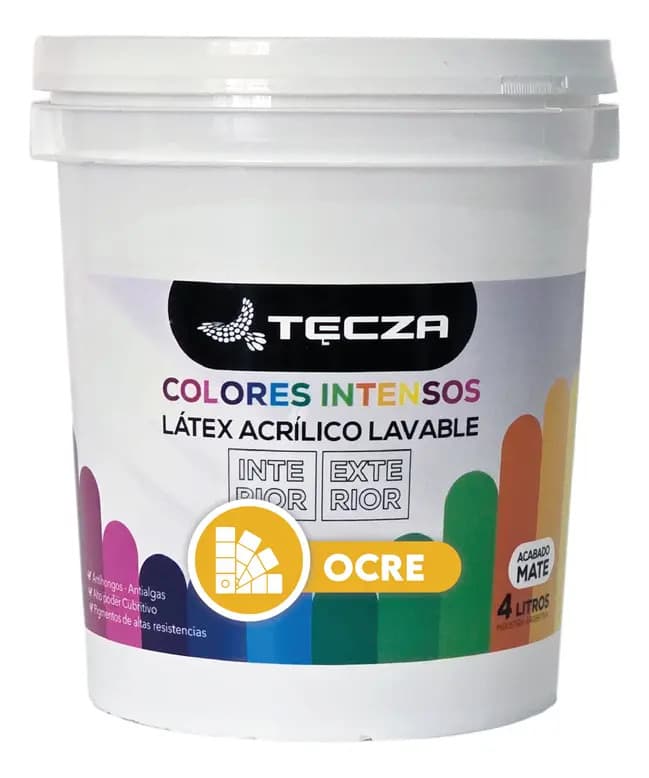 Pintura Latex Ocre Tecza, Lavable X 4 Litros, Linea Colores Intensos Preparados Apto Interior Y Exterior, Acabado Mate.