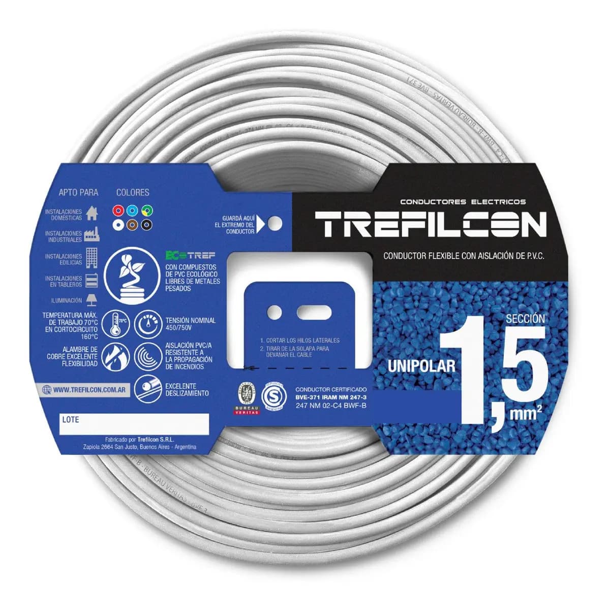 Cable Unipolar 1.5mm Trefilcon 25m PVC Blanco Tensión 450/750V IRAM