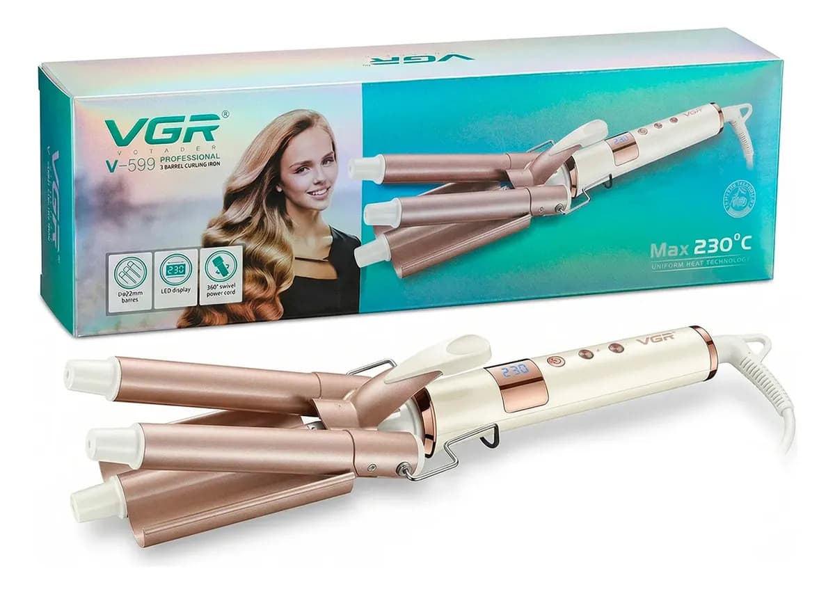 Buclera Rizador 3 Barriles Ceramica Vgr V-599 Triple Ondas 230° Color Blanco y Rosa