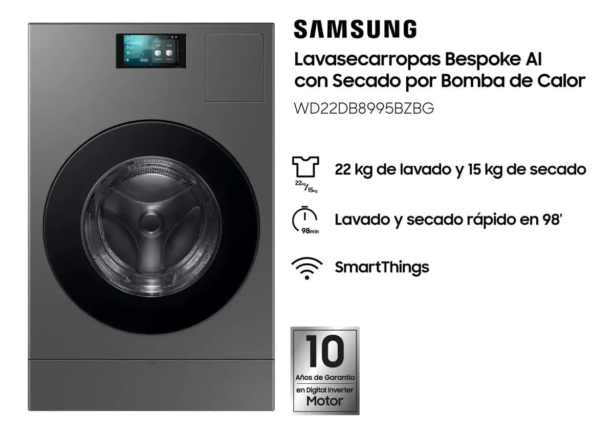 Lavasecarropas Samsung Bespoke AI de 22Kg de lavado y 15Kg de secado Gris