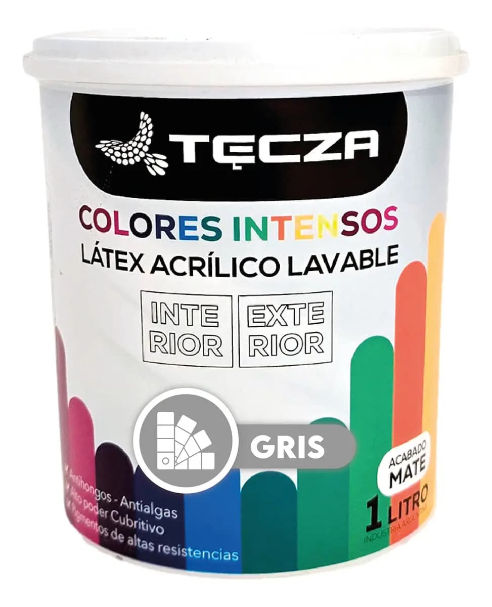 Pintura Latex Gris Lavable 1 Litro. Tecza, Linea Colores Intensos Preparados Apto Interior Y Exterior, Acabado Mate.