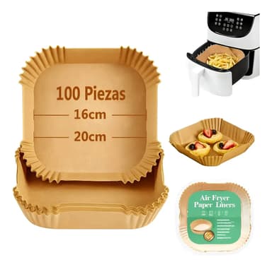 Pack X100 Moldes Bandejas Papel Cuadrada Antiadherente Para Freidora Aire Airfryer 16cm Descartable No Se Pega La Comida Color Marrón Levys Bazar