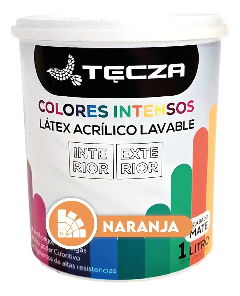 Pintura Latex Naranja Lavable 1 Litro. Tecza, Linea Colores Intensos Preparados Apto Interior Y Exterior, Acabado Mate.
