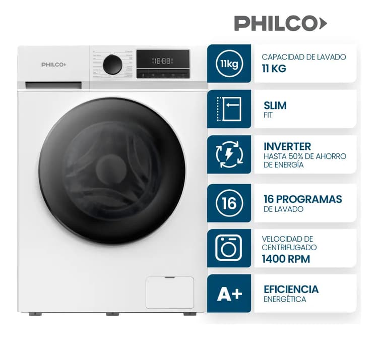 Lavarropas Inverter Philco Carga Frontal 11 Kg 1400 Rpm Blanco