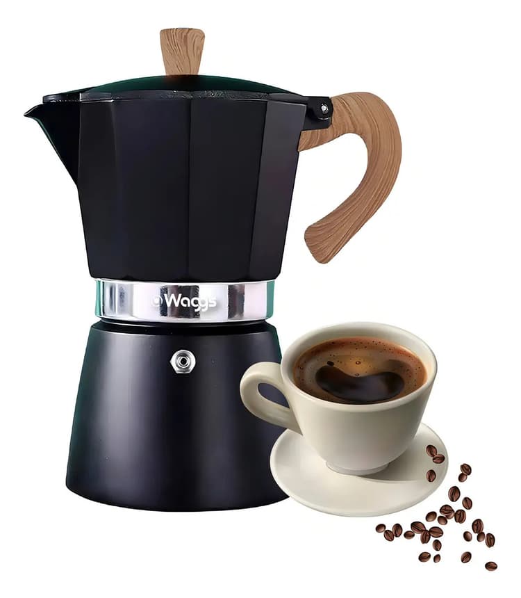 Cafetera Moka Italiana Waggs Aluminio 6 Tazas 300ml Negro