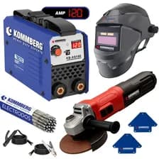 Combo Soldadora Inverter 120a Xs150 Kommberg + Amoladora Angular 750w + Máscara Fotosensible + 2 Escuadras Magnéticas + Electrodos Azul