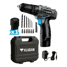 Taladro Atornillador Percutor Inalámbrico Klugan Tip + 1 Bateria + 1 Cargador + Accesorios Con Maletin De Transporte Negro