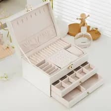 Alhajero Mtl Organizador Joyas Cerradura 2 Cajones Cuero Ecologico Color Blanco Compartimentos Portatil Anillos Aros Pulseras Relojes Collares Accesorios