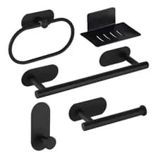 Kit Set Accesorios De Baño Adhesivo 5 Piezas Toallero 60cm Jabonera Gancho Aro Toalla Porta Rollo Sin Perforacion Pegatina Levys Bazar Color Negro