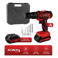 Taladro Percutor Atornillador Inalámbrico Aiwa 40 Nm + 2 Baterías 20v 10mm Maletín Cargador Y Accesorios Rojo 50 Hz/60 Hz