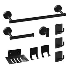 Juego Accesorios Baño X9 Piezas Mtl Negro Mate Toallero Portarrollos Ganchos Jabonera Adhesivos Tornillos Diseño Moderno Elegante Resistente Instalación Fácil Completa Hogar Decoración Baño