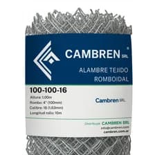 Rollo De Alambre Tejido Romboidal Eco, Marca Cambren | Rombo 4 (100mm) | Calibre 16 (1,63mm) | Altura 1,00m | Longitud Total 10 Metros Plateado