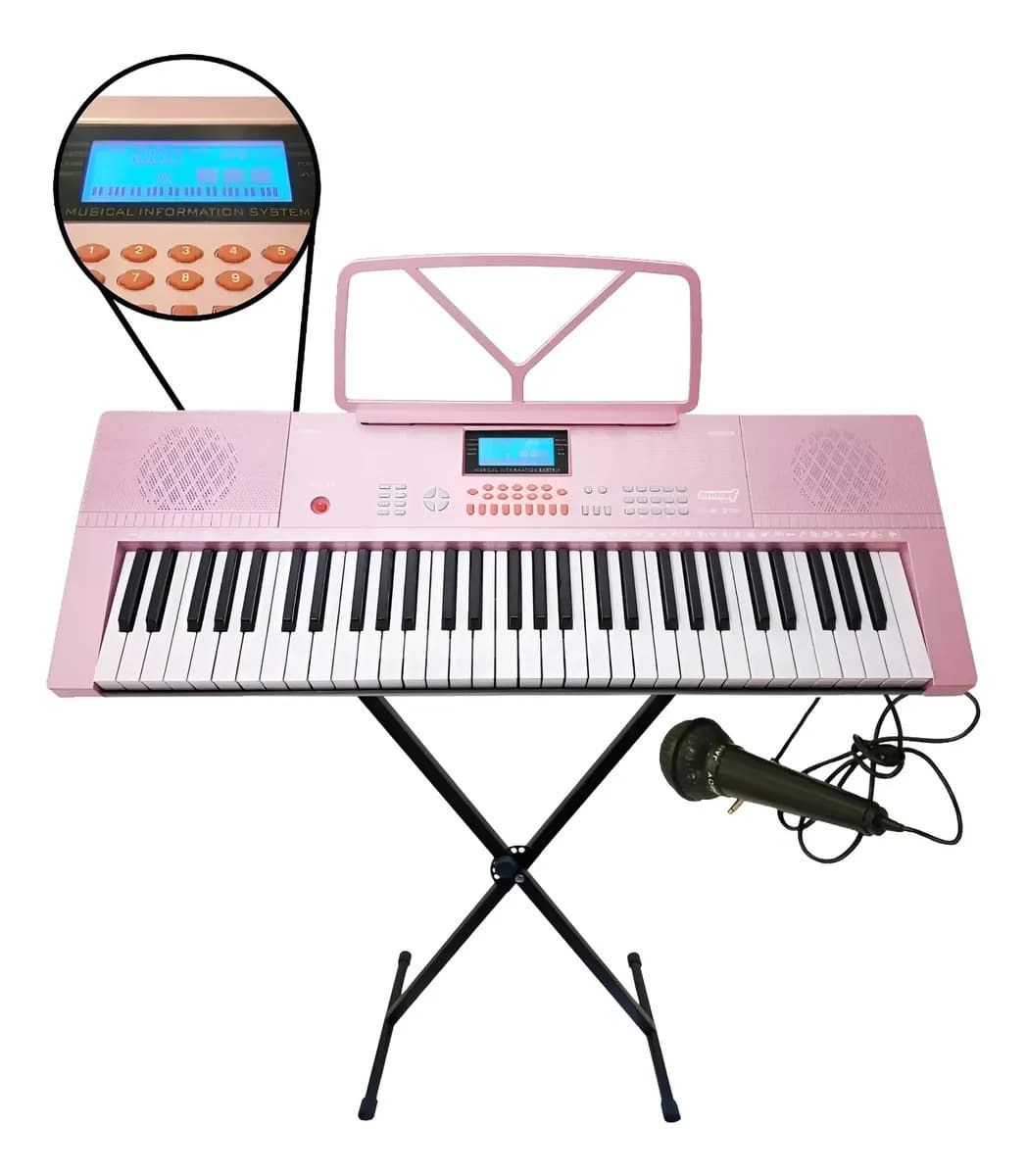 Teclado Órgano 61 Teclas 5 Octavas + Micrófono Con Soporte Color Rosa claro