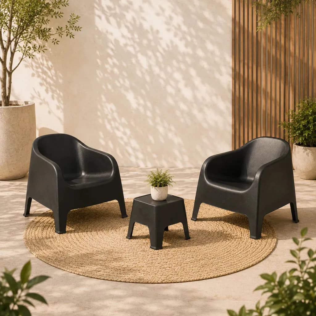 Sillon Plastico Exterior Jardin Apilable X2 + Mesa Ratona Sunset Color Negro Gardenlife