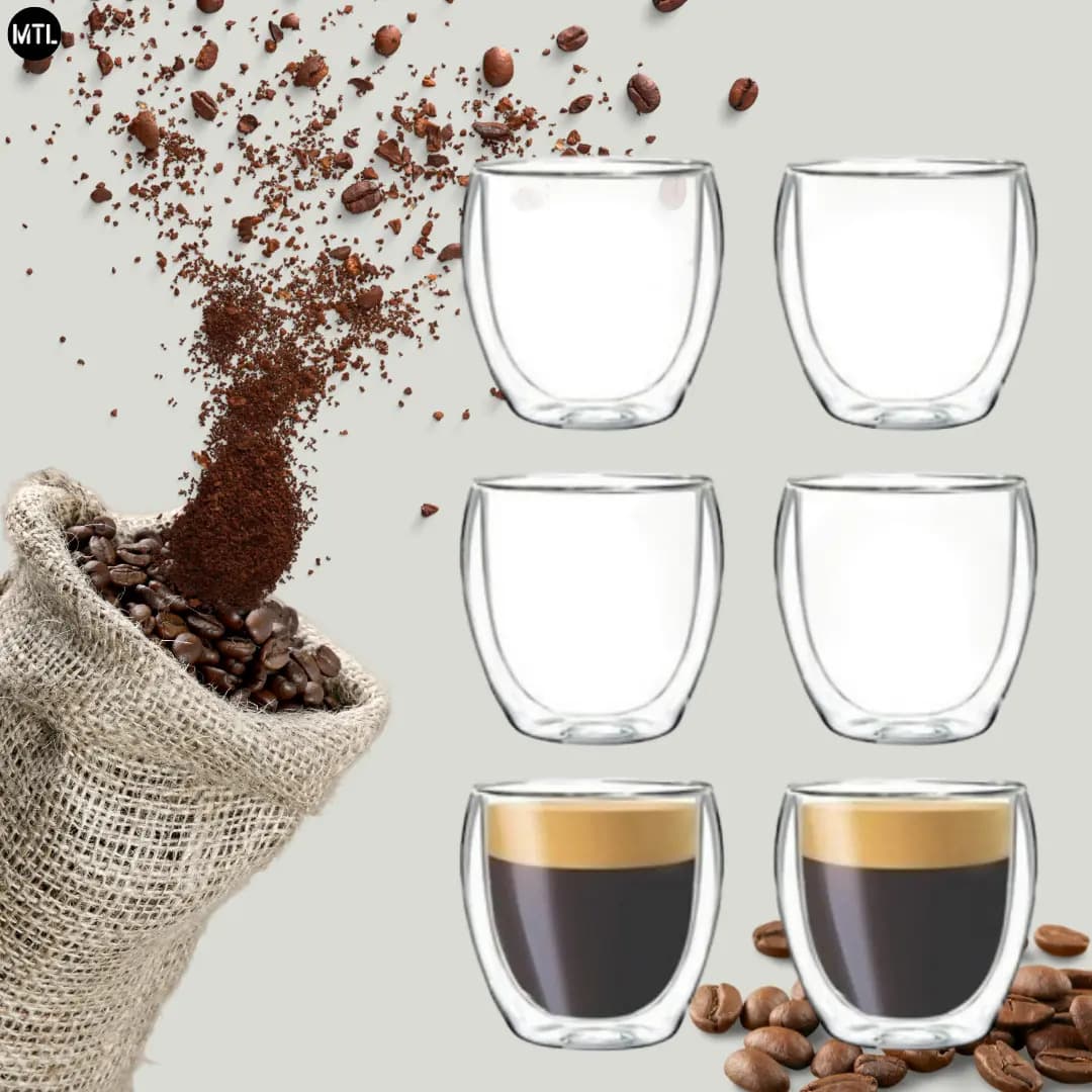 Set X6 Tazas Doble Pared Mtl Térmicas De 80 Ml Para Café Espresso Pocillo Vidrio Borosilicato Aislante Transparente Con Caja Diseño Moderno Elegante Apto Caliente Frío Resistente