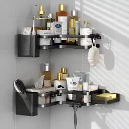 Set X5 Organizador Ducha 2 Estante Repisa Para Baño Con Adhesivo Sin Peforacion Pegatina + Jabonera + 2 Porta Cepillo Dientes Apto Para Cocina Ducha Baño Estante Para Shampoo Levys Bazar Color Negro